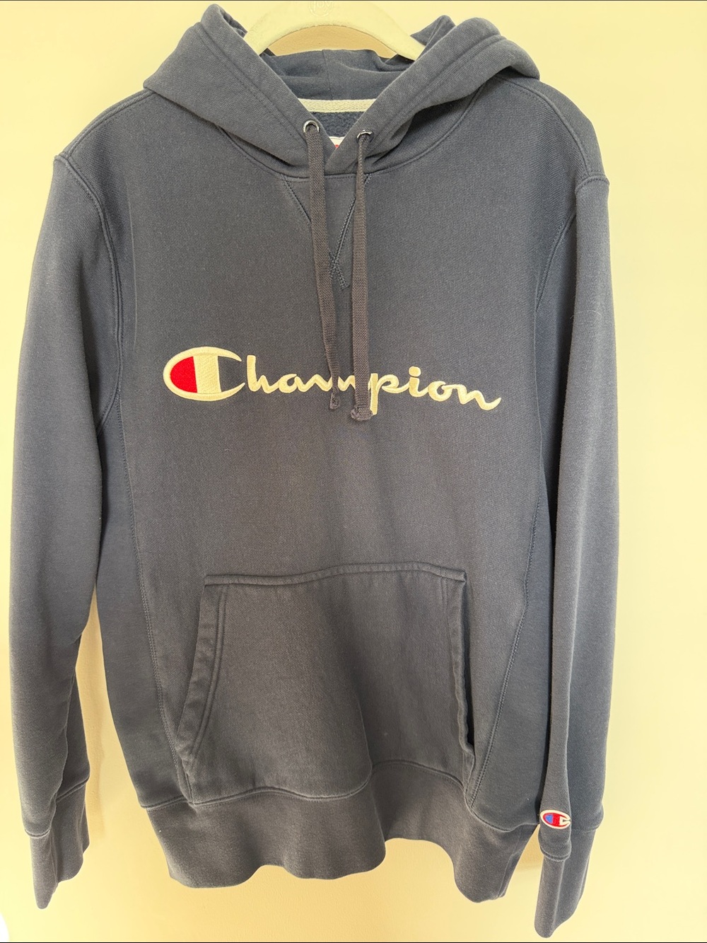 Champion Navy Blue Pullover Hoodie with Script Logo. men’s size XS